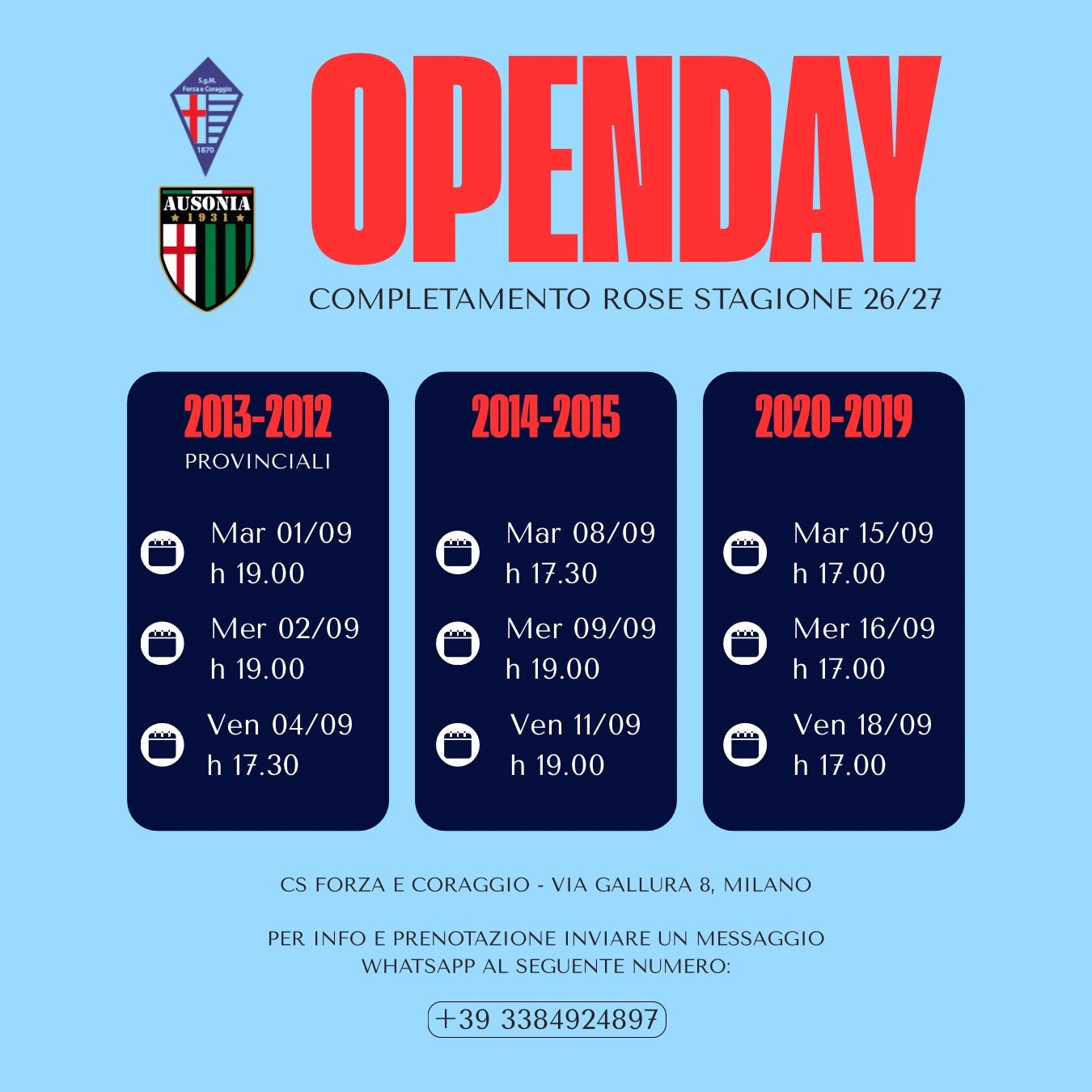 Open Day Calcio per completare le rose 2026/27